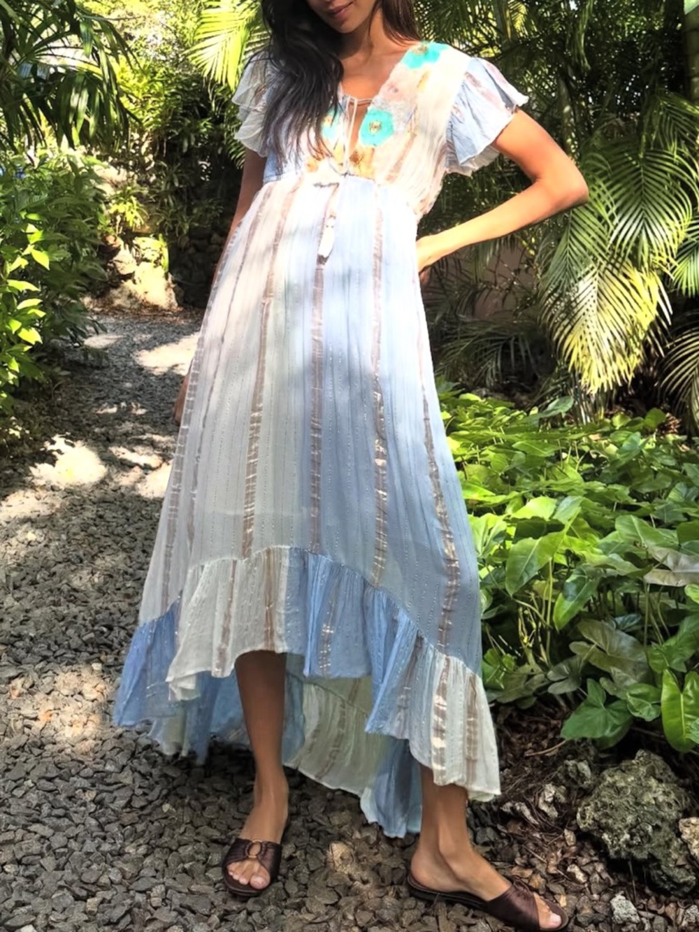 ShopEvelynne Light Blue and White Maxi Dress with Floral Detail